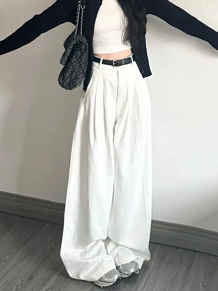 

Deeptown White Basic Women's Jeans Washed High Waist Wide Leg Loose Drapey Denim Pants Solid Color Korean Style Trousers Casual