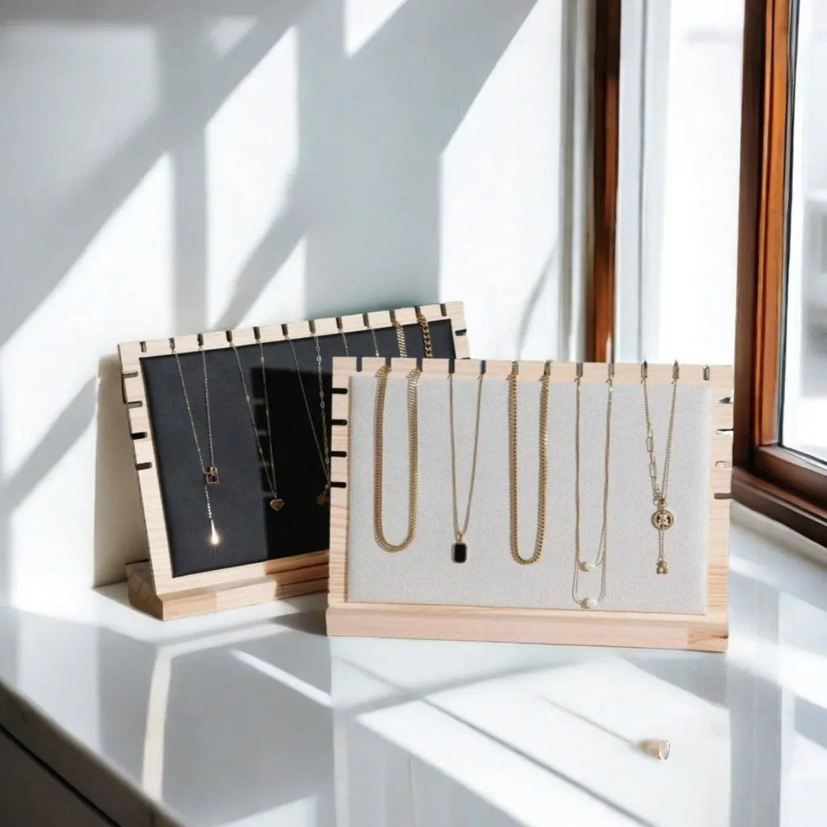 Bamboo Wood Necklace Display Stand, Pendant Stand, L Shaped Vertical Jewelry Stand Detachable Jewelry Storage Stand