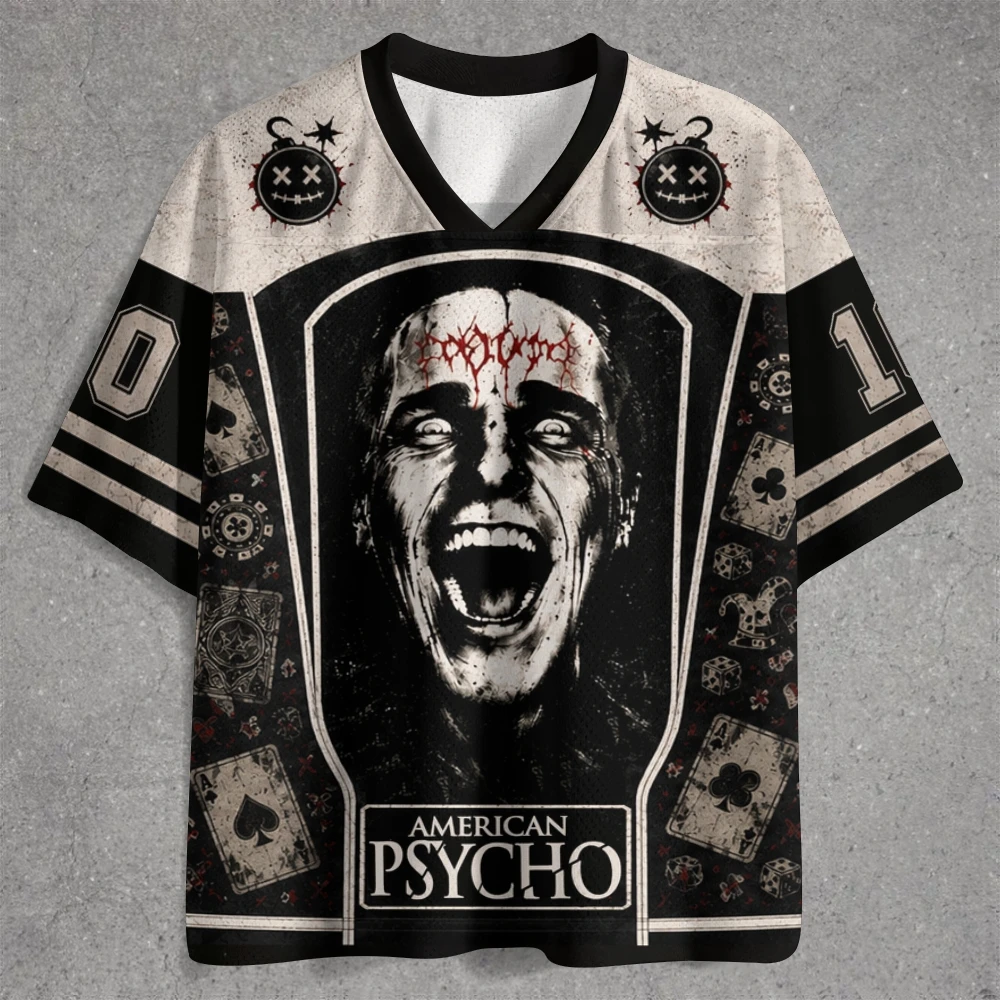 Herren Dark Cult Movie Rabbit Graphic Jersey, Vintage Horror Bunny Mask 3D All-Over Print V-Neck Kurzarm-Top, Halloween Streetwear T-Shirt – Detail 3