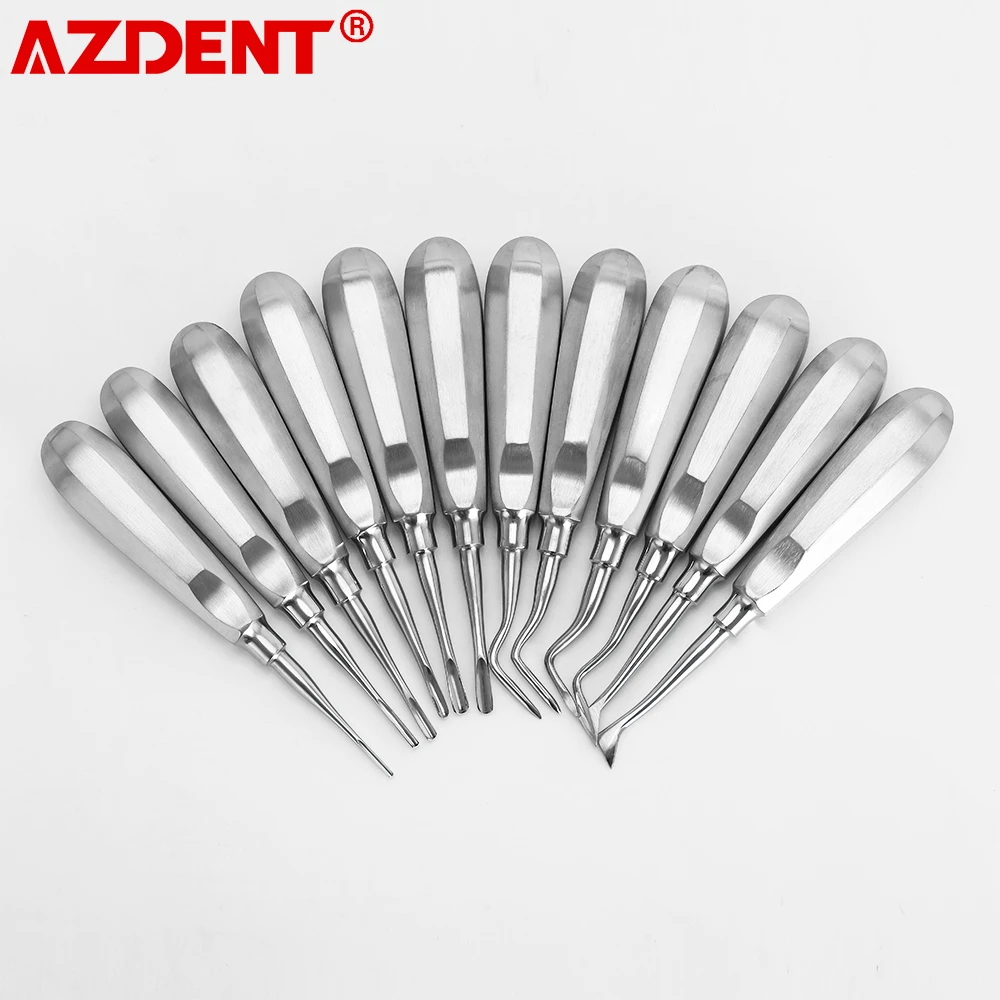 AZDENT 12 Pcs/Set Dental Stainless Steel Elevator Teeth Curved Root Extraction Tools Kit Minimally Invasive Lab Dentistry Tools