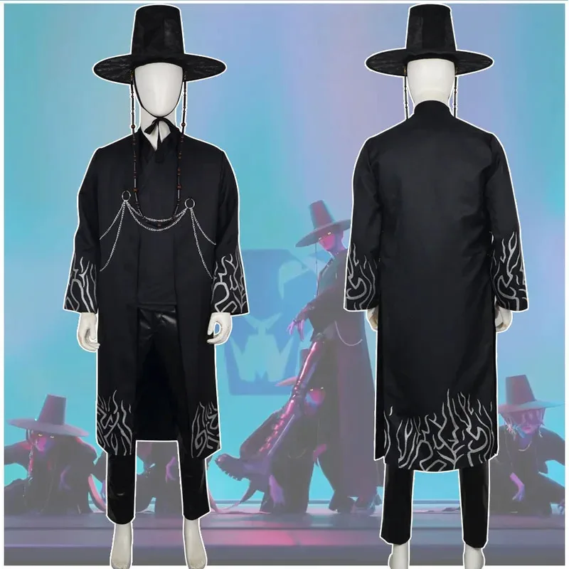 

KPop Охотники на демонов из фильма Saja Boys Jinu Captain Plus Vocals с черной одеждой, шляпой и париком, карнавальный костюм, полный костюм dl;1