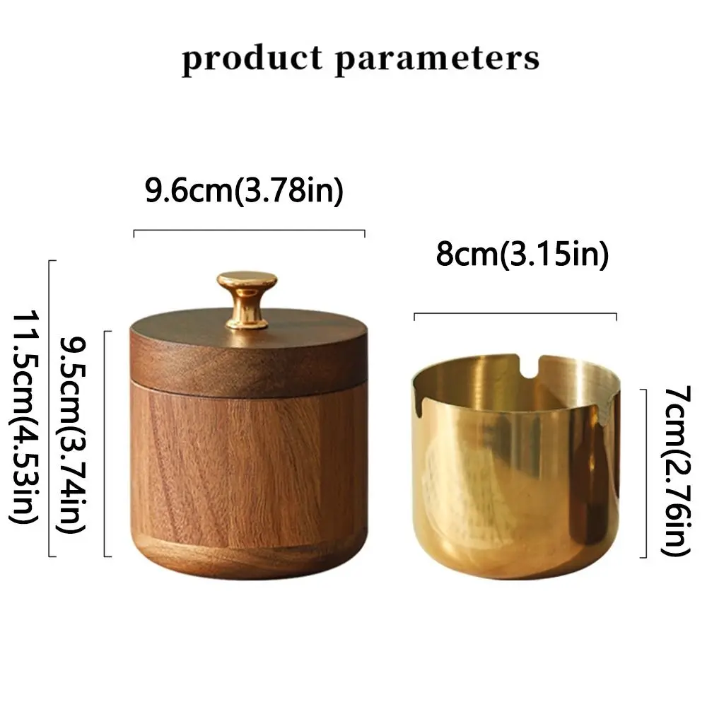 Retro Wood Ashtray Round Stainless Steel Inner Desktop Ash Tray Removable Inner Liner Windproof Ash Container