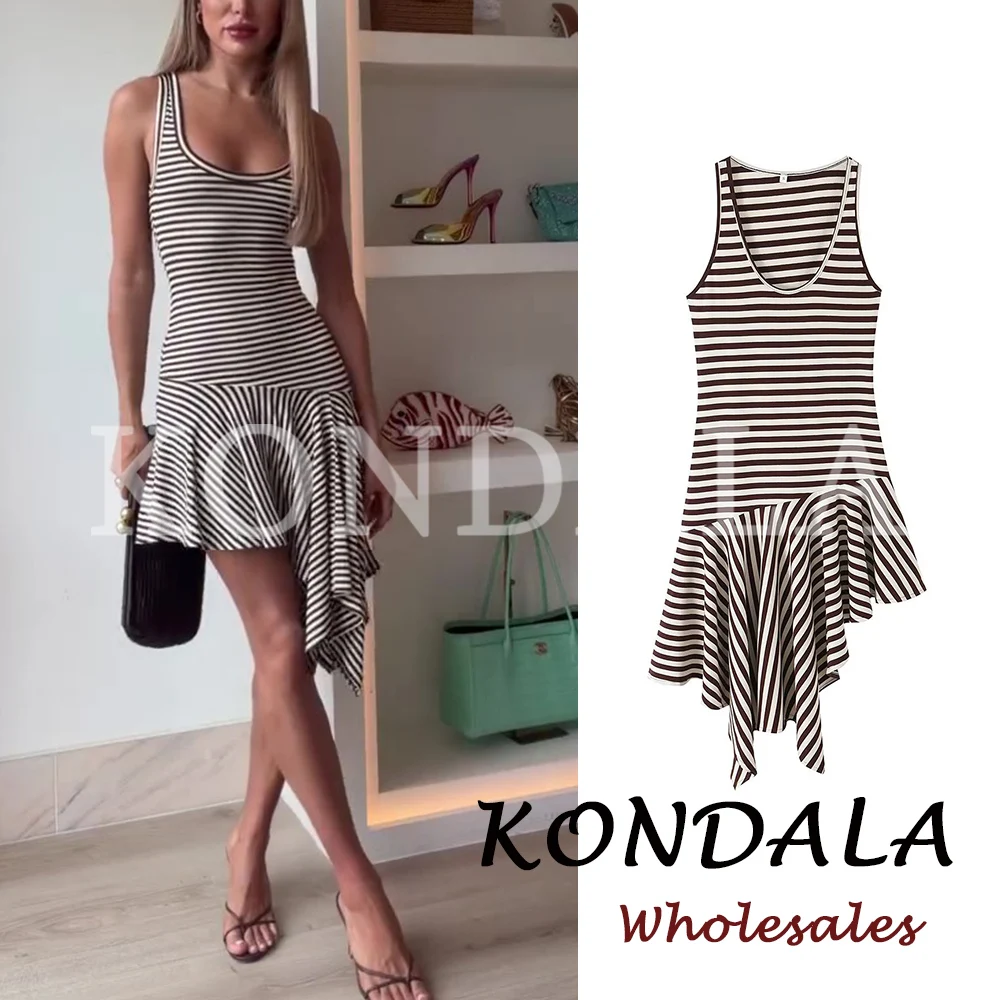 KONDALA Chic Striped Fashion 2026 Summer Midi Women Mini Dress O-Neck Sleeveless Sheath Draped Dress Elegant Asymmetric Vestidos