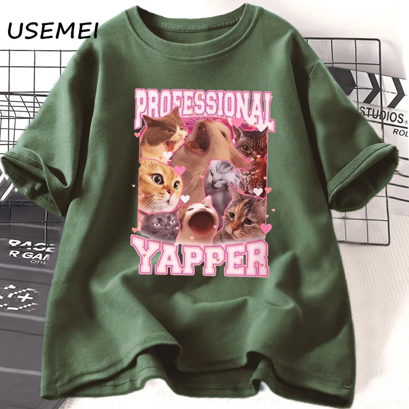 Professional Yapper Meme Cat Graphic T Shirts Funny Cotton Cute Kitten T-shirt Summer Cotton Round Neck T Shirt Female Clothing