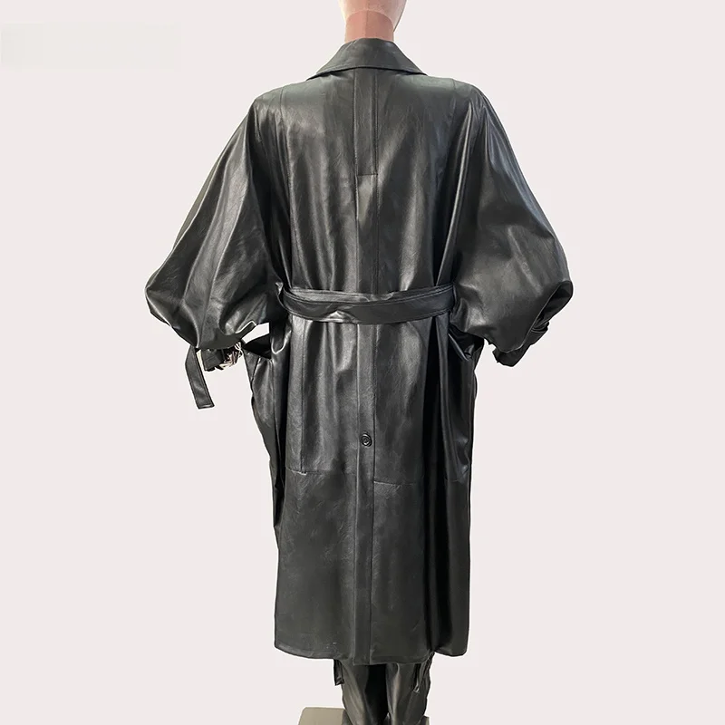 Nerazzurri Black PU Leather Coat Women's Oversize Long Casual Outerwear Female Cuiras Long Sleeve Suit Collar Style
