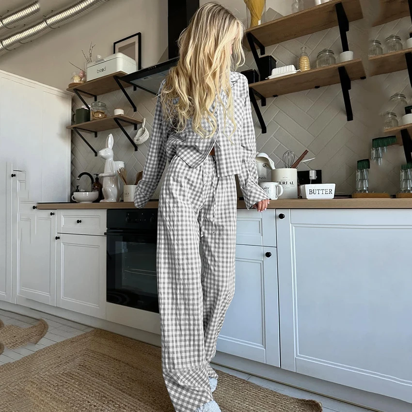 

HiLoc, осенние домашние брюки в клетку, пижамы, 2025 г., повседневные брюки на шнурке с карманами, рубашки из 2 предметов, домашняя клетчатая одежда для сна, женская одежда