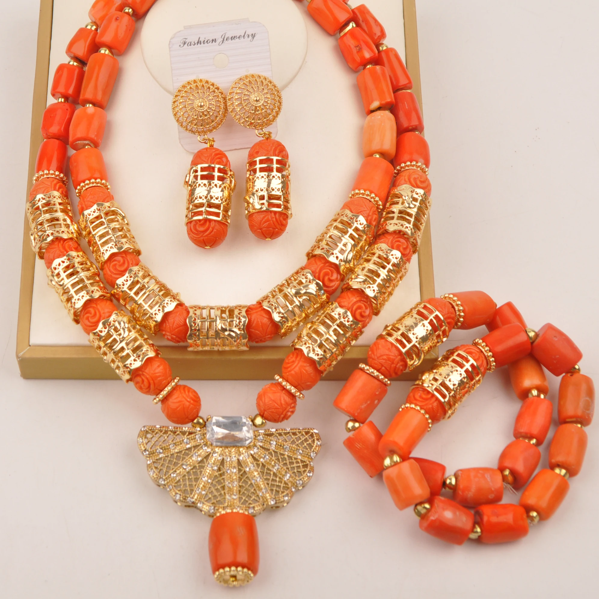 

Orange Nature Coral Beaded Necklace Sets, Nigerian Wedding Bride Jewelry