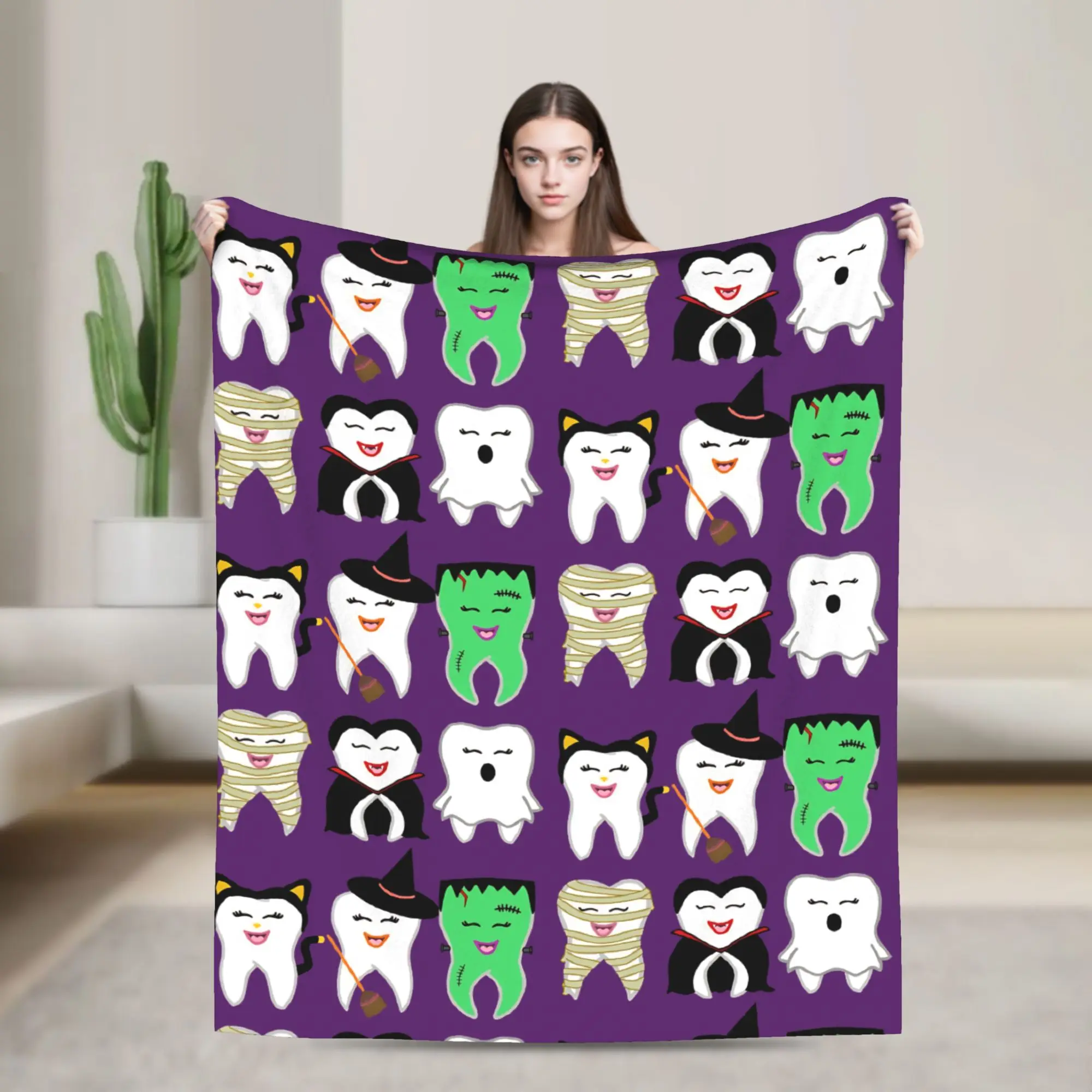Teeth Art Blanket Fleece Spring/Autumn Cartoon Teeth Helloween Breathable Super Warm Throw Blanket for Bedding Bedroom Bedspread