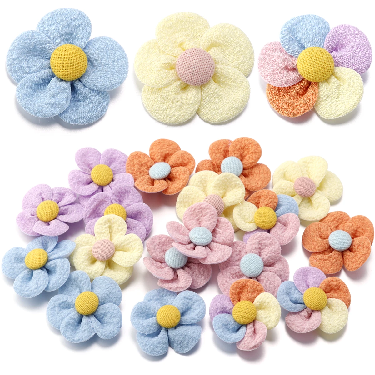 10 pz/lotto tessuto fiore Applique simpatici girasoli con bottoni petali patch per copricapo fai da te abbigliamento bambini forniture per lavori