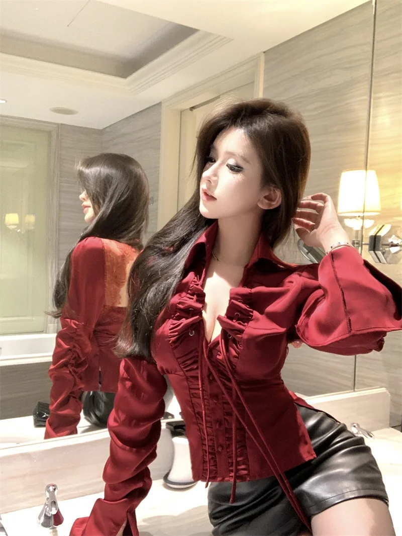 

Sweet Sle Lace Splice Bal Long Sve Women's irt Slim Fit V-Ne Design Red Top Anti-Wrinkle Regular Thin