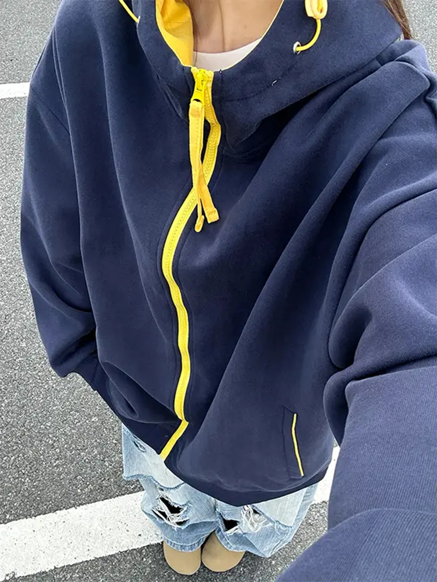 

Мужская толстовка оверсайз с капюшоном, осенняя, модная, с дизайнерскими вставками, парная, синяя, в американском стиле Cleanfit