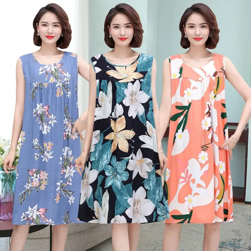 Women's Female Summer Nightdres Sleeveless Cotton Floral Evening Dress/Home Wear/Plus-size 2XL-4XL Floral Fabric Loose Pajamas