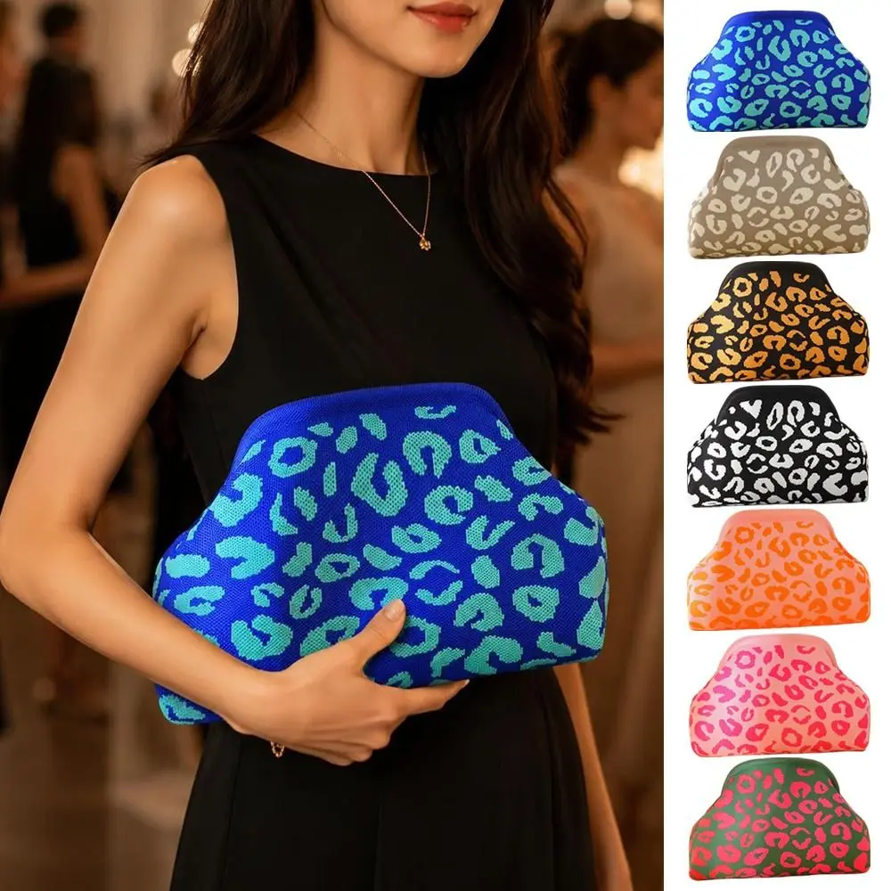 Fashion Polyester Clutch Bag Leopard Print Knitted Fabric Clip Bag Large Capacity Clip Closure Purse Party Occasion