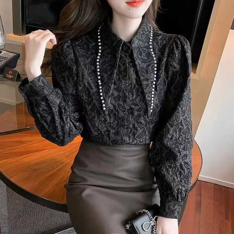 Women Trendy Rhinestone Pointed Collar Designer Shirts Spring Autumn Elegant Black White Blouses Textured Chic Long Sleeve Tops