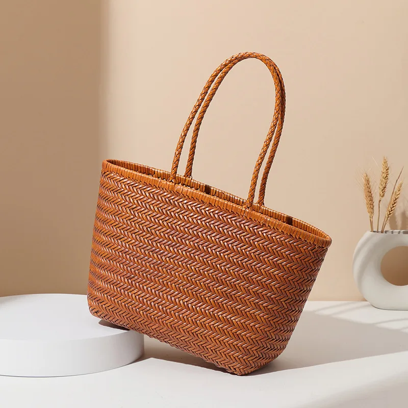 

French ins style vegetable basket bag hand-woven first layer of cowhide leather retro hand-held mother-and-child tote rattan bag