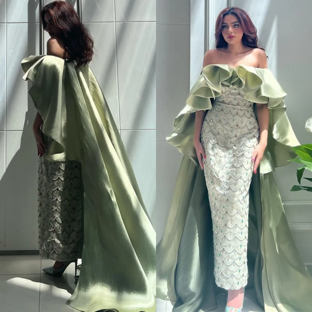 

Customized Luxury Green Satin Evening Dress Classic Off the Shoulder Homecoming Dresses Temperament Special Occasion Gowns