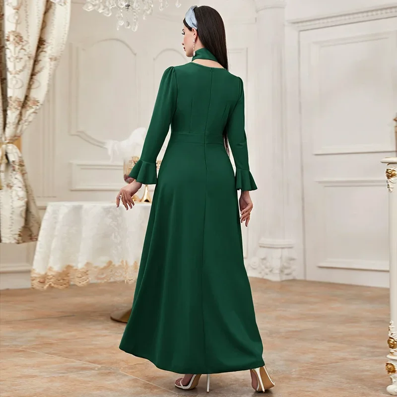 Abaya musulmano per le donne Turchia Medio Oriente Femme Robe Solid Africano Dubai Abaya Manica lunga Vita alta Peplo Abiti a trapezio