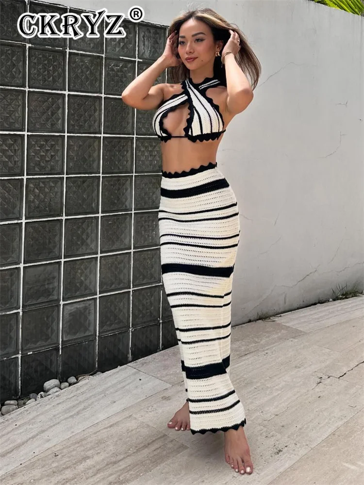 Ladies Summer 2 Piece Skirt Set Women Sleeveless Backless Crop Top Maxi Dress Matching Sets Evening Party Clubwear Female Outfit