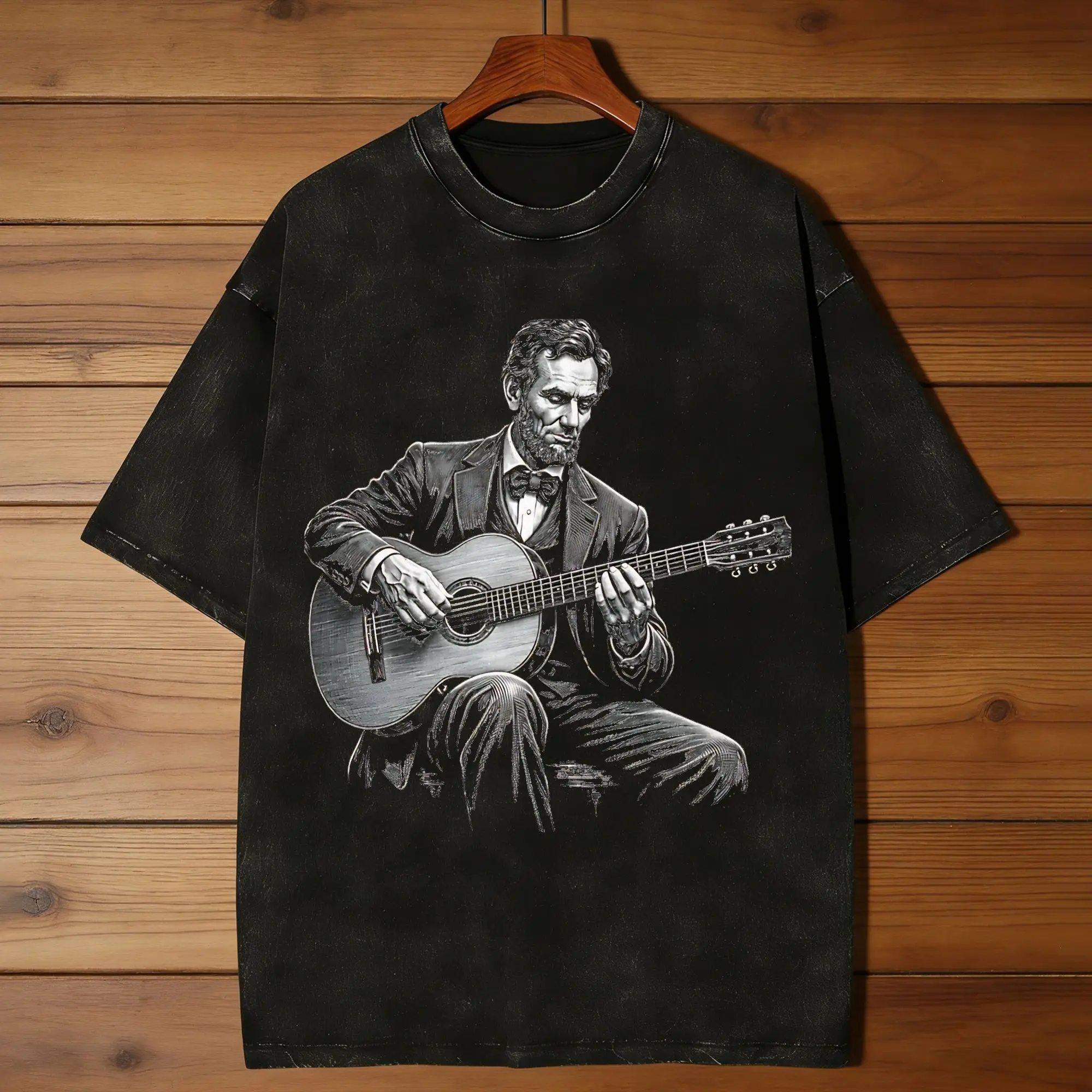 Abraham Lincoln Playing classic Guitar T Shirt Men Pure Cotton Leisure T-Shirts Crewneck  Tees Short Sleeve Clothes Unique
