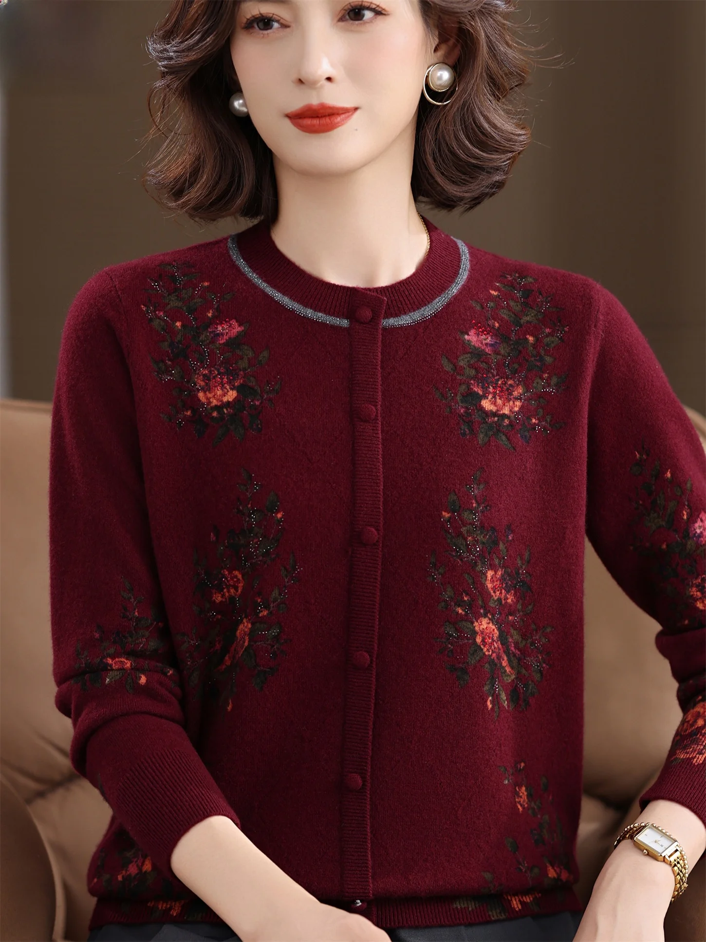 

Faionable Pure Wool Sweater with Print for Middle-Aged And ly Women Breathable Comfortable Base Layer Top Casual Knitwear