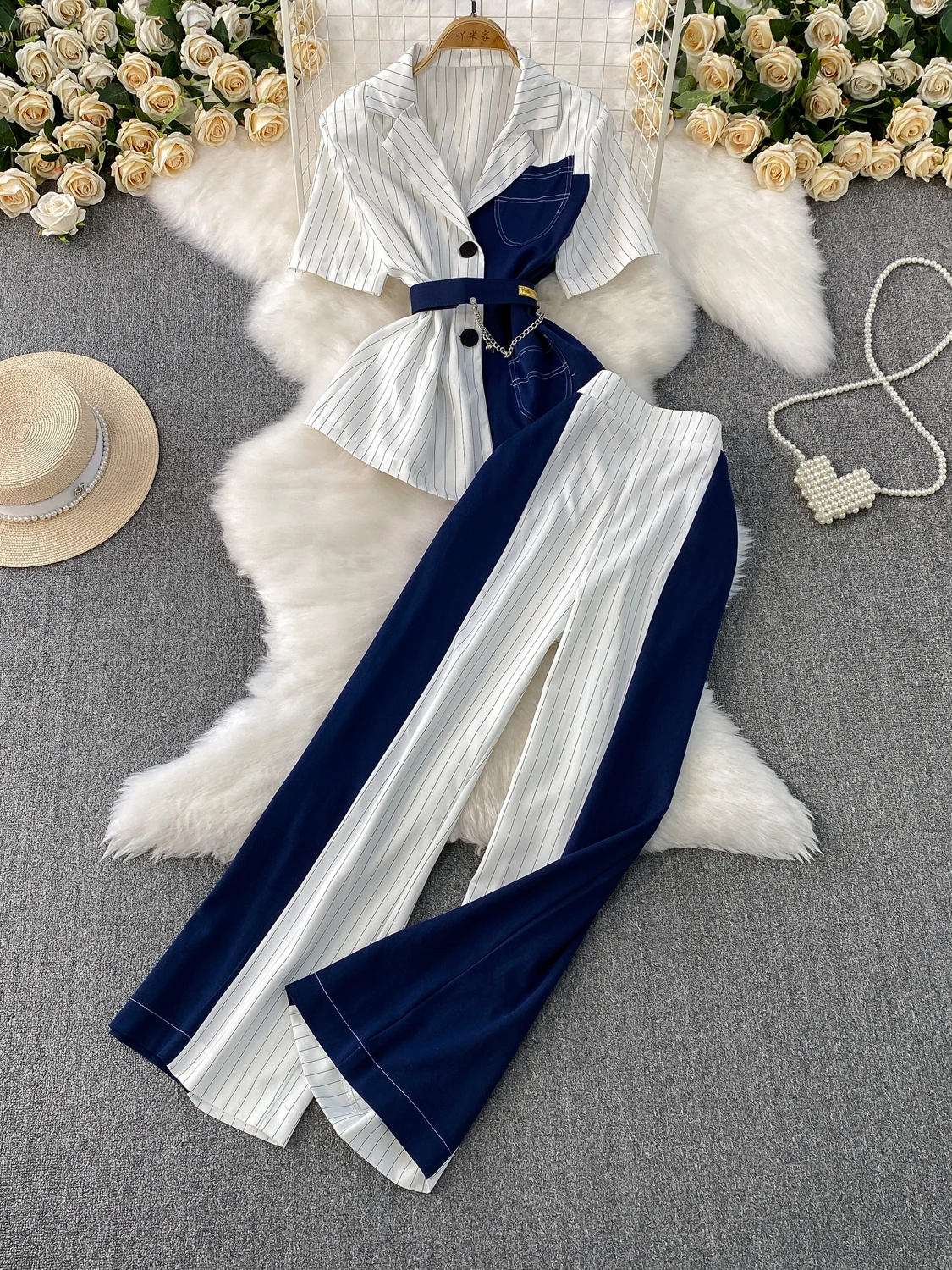 

Ele Denim Striped Suit irt Waist Inward Wide Leg Pants Two Piece Set ort Sve V Ne Buttoning Long Pants Faionab...