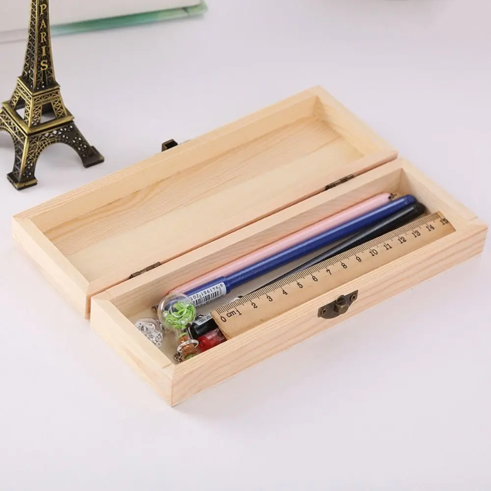 Rectangle Wooden Pencil Box Makeup Organizer Pen Container Stationery Box Desktop Plain Wooden Storage Box Student Gift