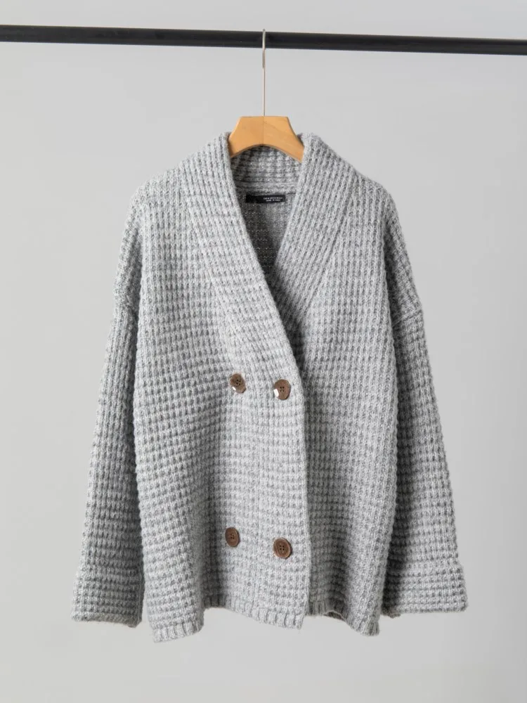 

Модное серое вязаное пальто, женское классическое двубортное пальто с v-образным вырезом, толстые теплые пальто в стиле ретро, новинка 2025, осень-зима