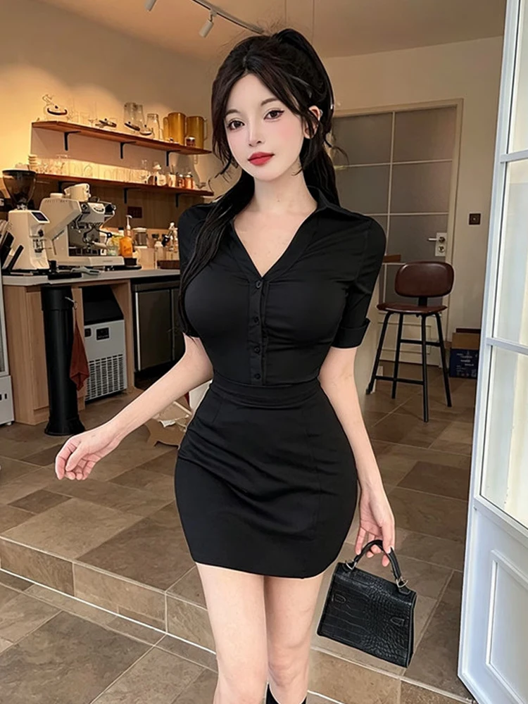 

Slimming Effect Pure Desire V-neck Short Sleeve Shirt Waist Cinched Bodycon Skirt Uniform Set Sexy Fashionable Women's O...