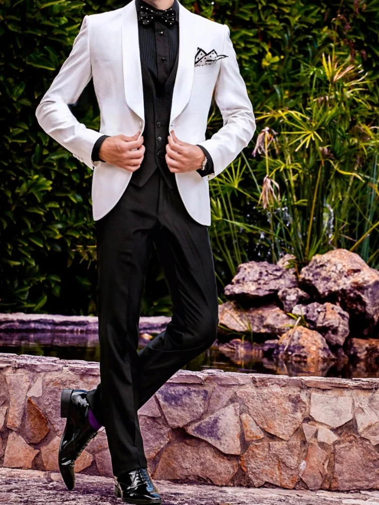 Italian White Black Men Suit Casual Wedding Suits For Men Custom Slim Fit 3 Piece Tuxedo Groom Prom Blazer Sets Terno Masculino