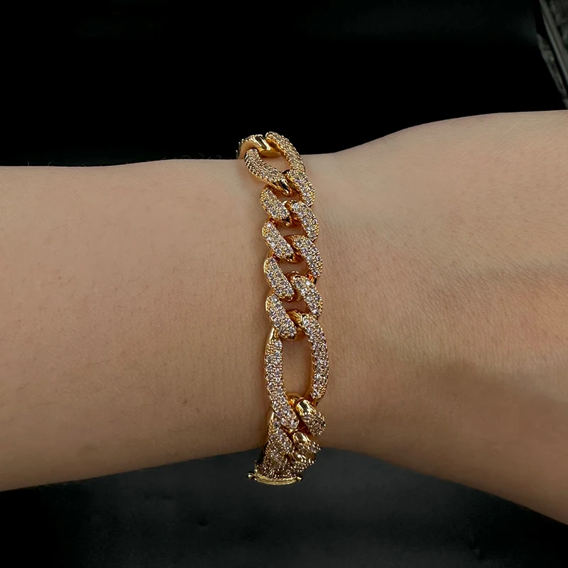 Aokaishen Iced Out Figaro Bracelet Prong Setting Real Gold Plated Hip Hop Jewelry