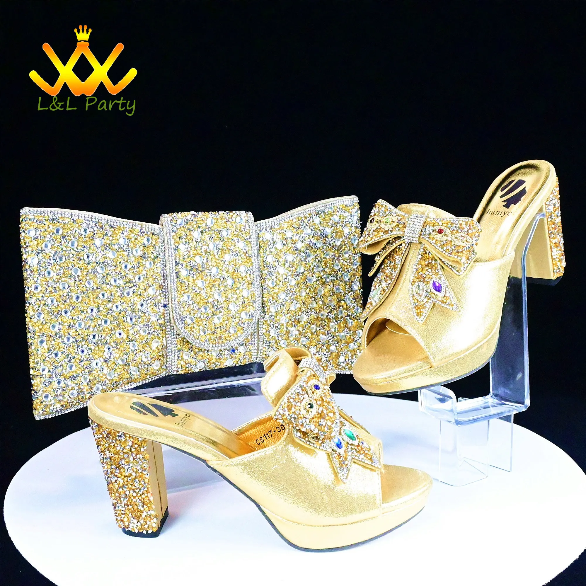 

Gold New Design African Women Shoes Matching Bag Set High Quality Italian Design Super High Heels Slipper for Wedding Party