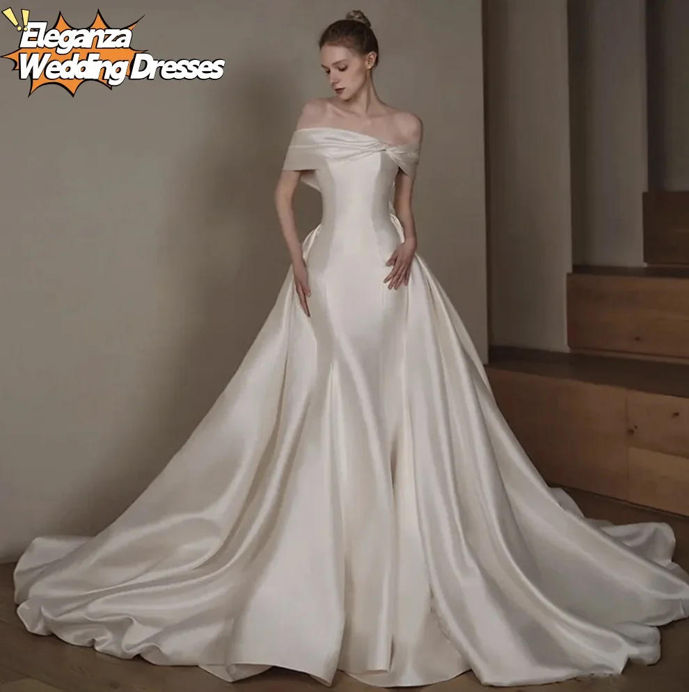 Customized Off The Shoulder Short Sleeve  Beading Bow Satin 2 Pieces Mermaid Wedding Dress With Detachabel Train 1