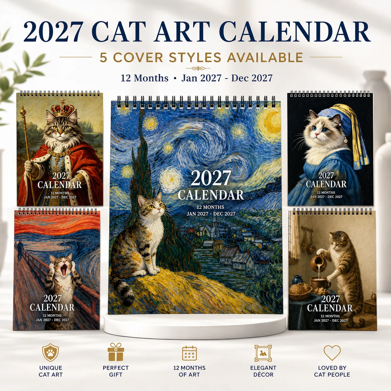 2027 Famous Painting Cat Wall Calendar, 12 Months Jan-Dec Spiral Hanging Art Calendar Gift for Cat Lovers Home Office Decor