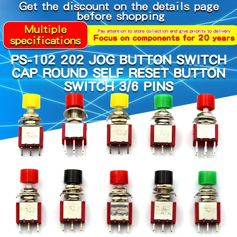 1 PCS Przełącznik przyciskowy Jog Toggle Switch PS-102 PS-202 Okrągły przełącznik samoresetujący z nasadką 3 piny/6 pinów Samoresetujący przełącznik