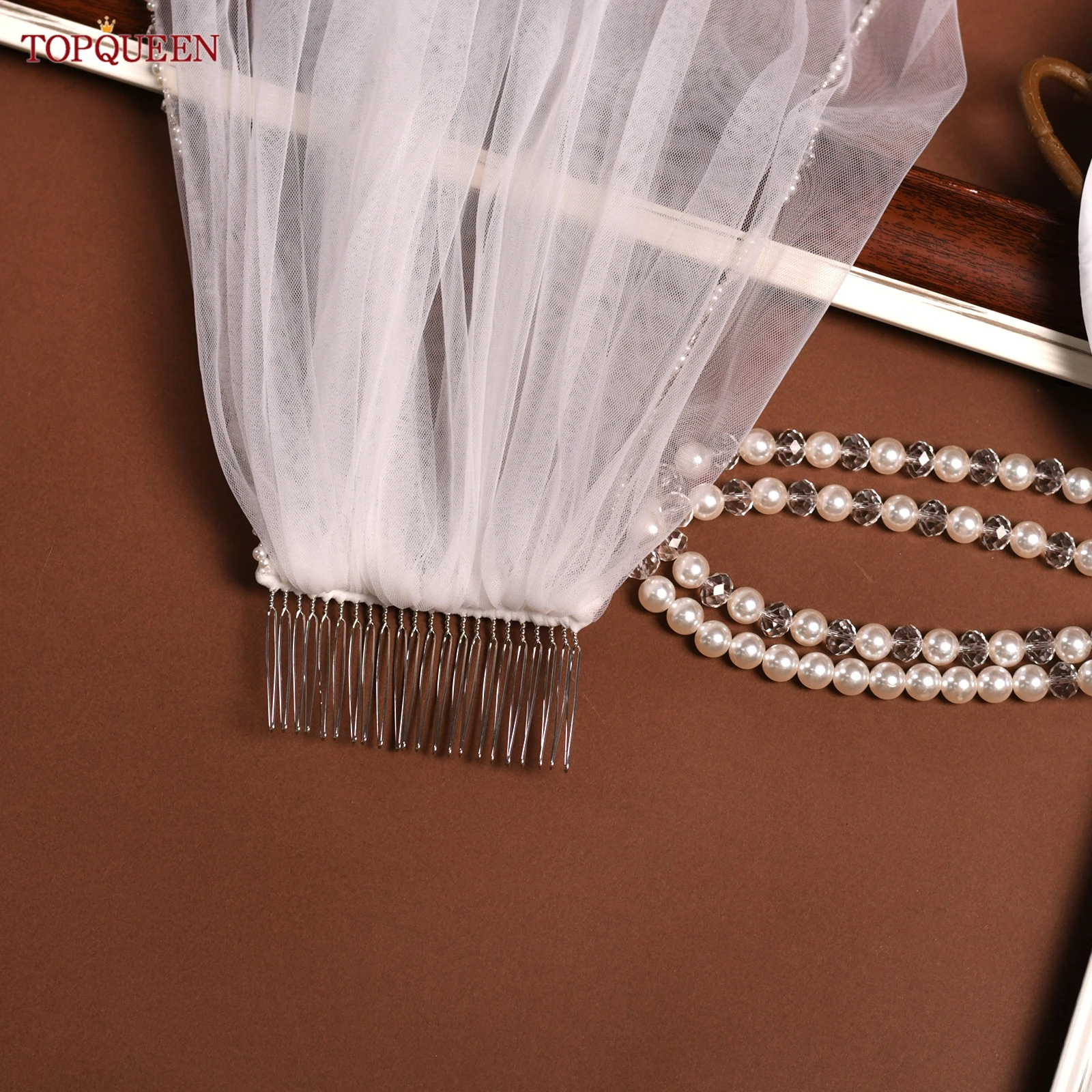 TOPQUEEN V107 Bridal Wedding Veil With Pearl Crystal Beads Crystal Beads Bridal Veil Wedding Crystal Beads Shiny Customizable image 6