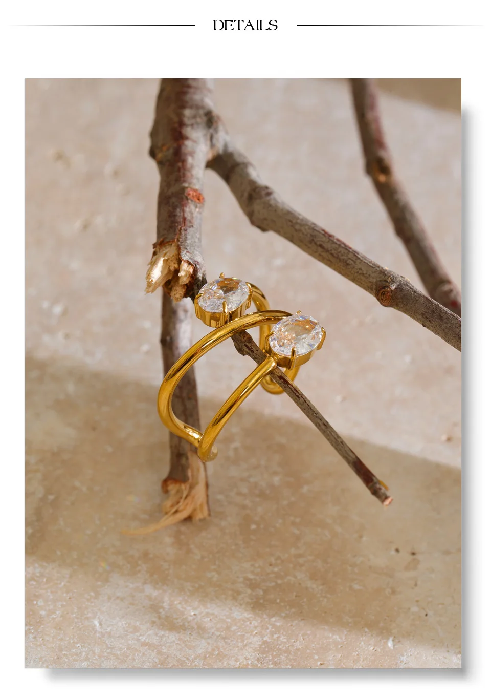 Yhpup Edelstahl-Ring mit Zirkonia, verstellbar, offen, 18K PVD-beschichtet, zarter, stilvoller geometrischer Fingerschmuck – Detail 8