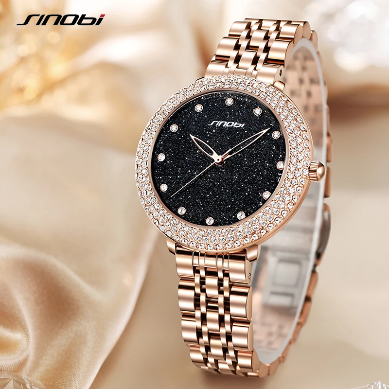 SINOBI Fashion Women\'s Watches Top Luxury Diamond Ladies Quartz Wristwatches Girls Elegant Rose Golden Gifts Clock for Wife