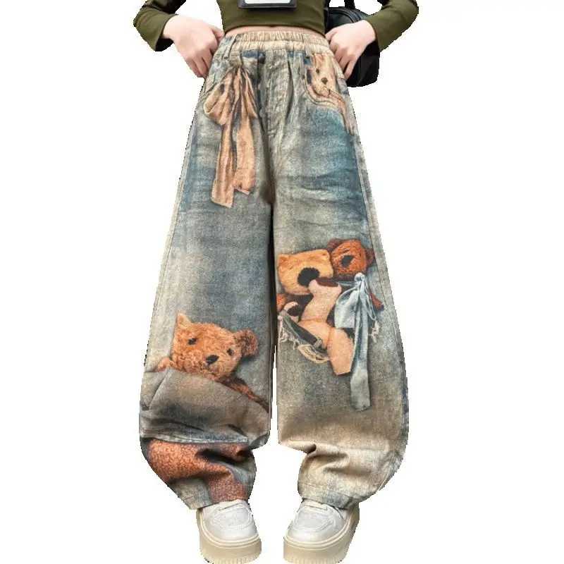 

Джинсы для девочек-подростков с принтом медведя, весенне-осенние, в американском уличном стиле, прямые, свободные, широкие, джинсовые брюки для детей