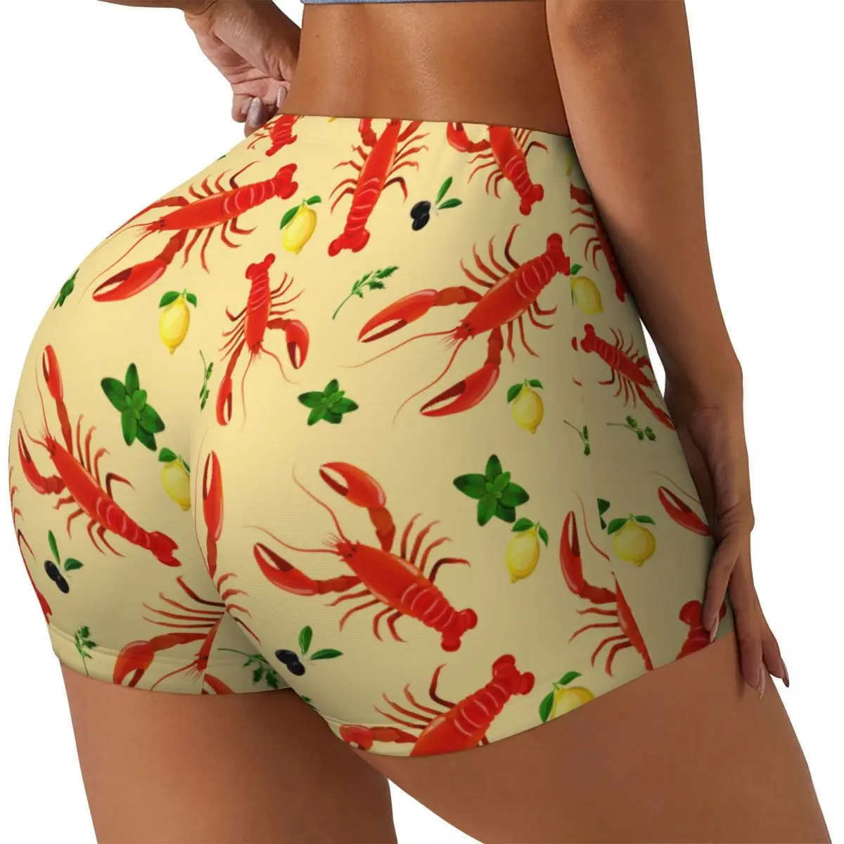 Women Yoga Shorts Lobster Sea Food Lemon Pattern Workout Shorts Fitness quick-dry Ladies Yoga Gym Running Short Pants Sportswear