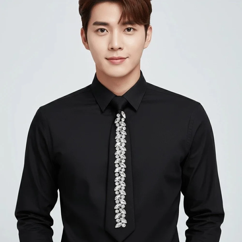 

Clothing Decoration Locomotive Style Rhinestone Tie Black Choker Crystal Long Necktie Collar Geometric Pre-tied Tie Performance