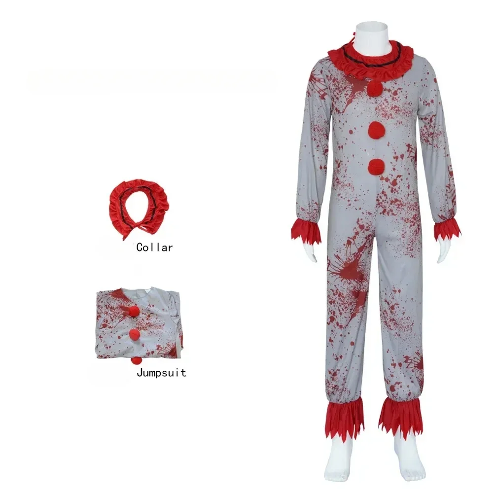 映画キラーピエロジョーカーコスチュームキッズユニセックス怖いホラージャンプスーツ流血ファンシーボディスーツハロウィン衣装パーティー制服