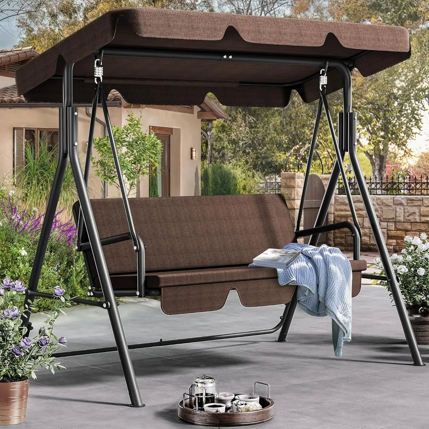

Patio Swing Front Porch Swing for Adults 3 Seat Porch Swings with Adjustable Canopy Outside Swing Bench