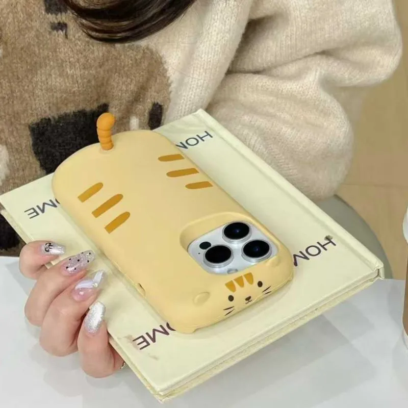 

Korea Cute 3D cartoon lying cat silicone phone case suitable for iPhone 16 15 14 Plus 13 Pro Max shockproof protective cover