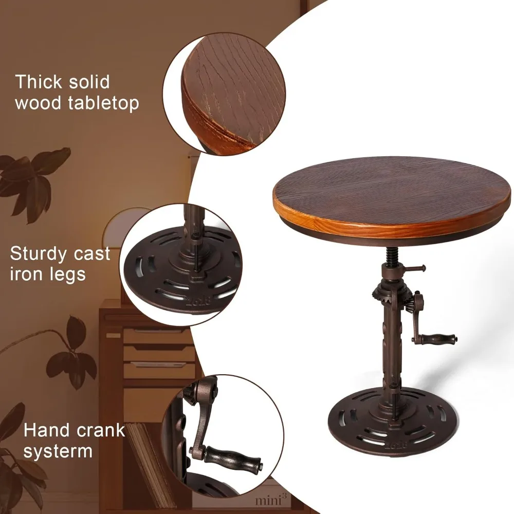 Industrial Style Metal and Wooden Side Table with Hand Crank Adjustable Height, Suitable for Living Room and Bedroom Use