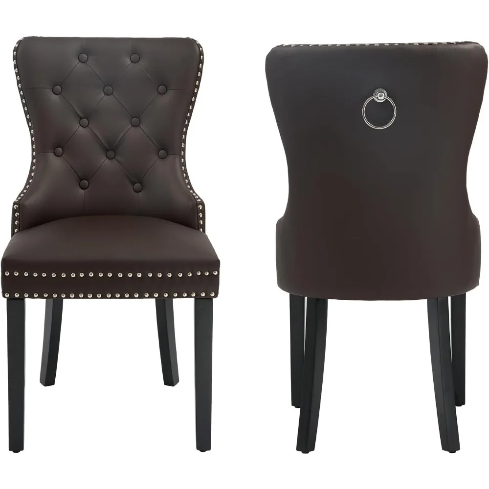 

PU Leather Dining Chairs Set of 2, Tufted Upholstered Dining Room Chair with Pull Ring and Solid Wood Legs, Brown