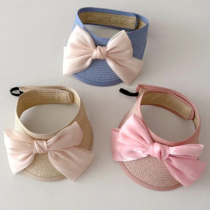 

New Korea Style Baby Straw Caps Kids Sun Hats Empty Top Big Bow Hat Child Straw Sunshade Sunscreen Hats Baby Accessories Newborn
