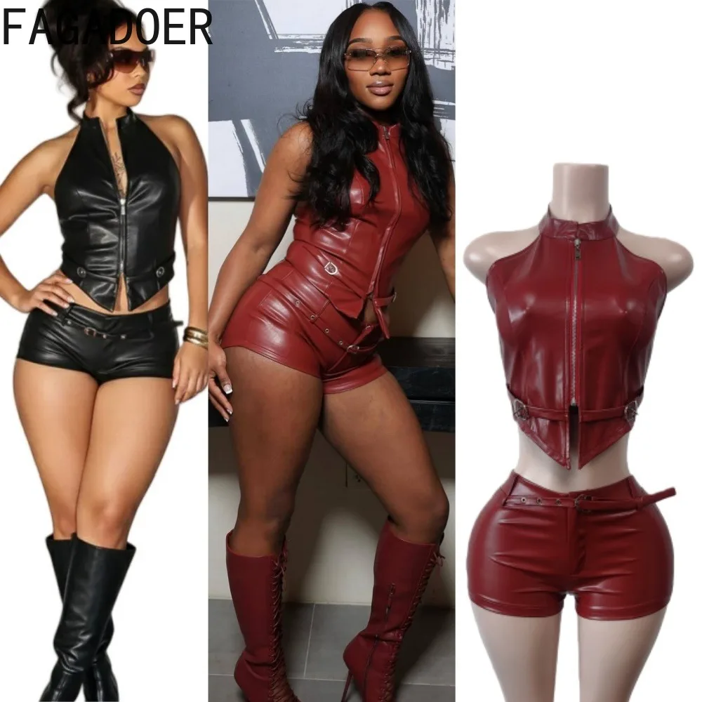 FAGADOER Sexy Leather Patchwork Woman 2 Piece Set Outfit Halter Sleeveless Backless Crop Top + Shorts Matching Female Streetwear