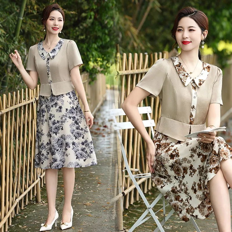 Korean Broken Flowers Mini Dress Vintage Summer  Turn-down Collar Female Clothing Commute A-Line Fashion Spliced Dresses