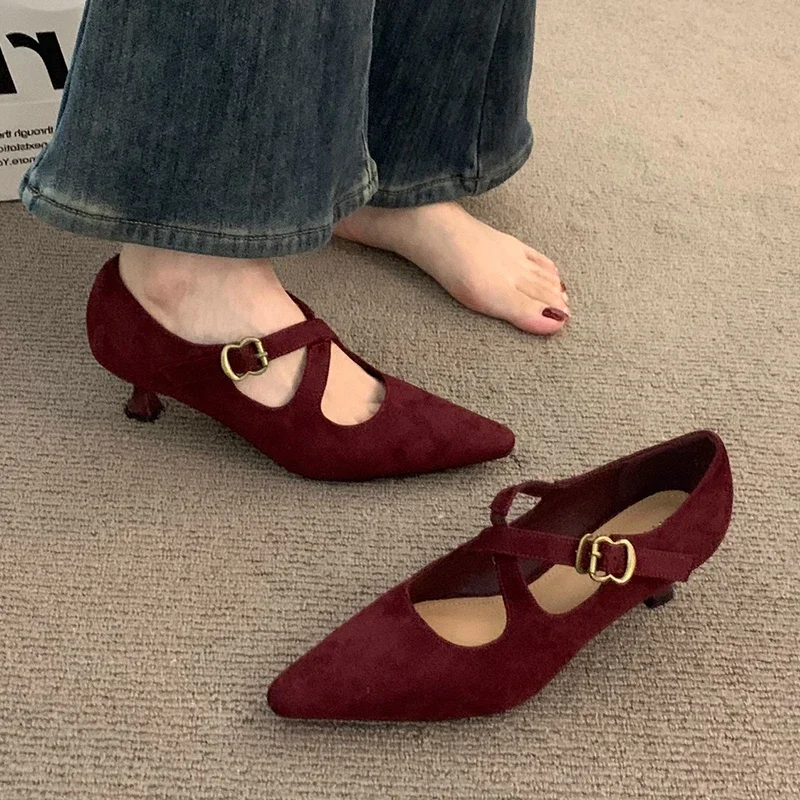 Pointed Toe Women Mid Heels Shoes Suede Shallow Sandals Woman Trend Elegant Party Pumps Shoes Dress New Brand Mujer Zapatillas