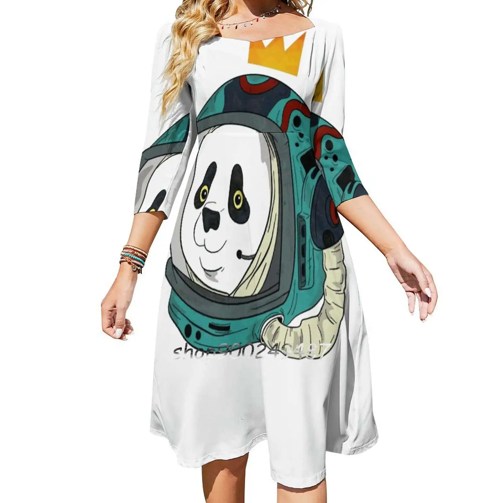 Space King Flare Dress Square Neck Dress Elegant Female Fashion Printed Dress Crown Panda Space Astronaut Helmet